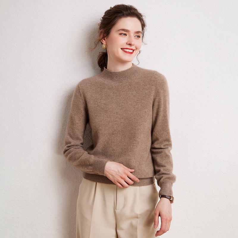 Women's 100% Cashmere Half-High Collar Slim Fit Pullover Sweater - Long Sleeve, Solid Color, Versatile Base Layer, Warm Knit.