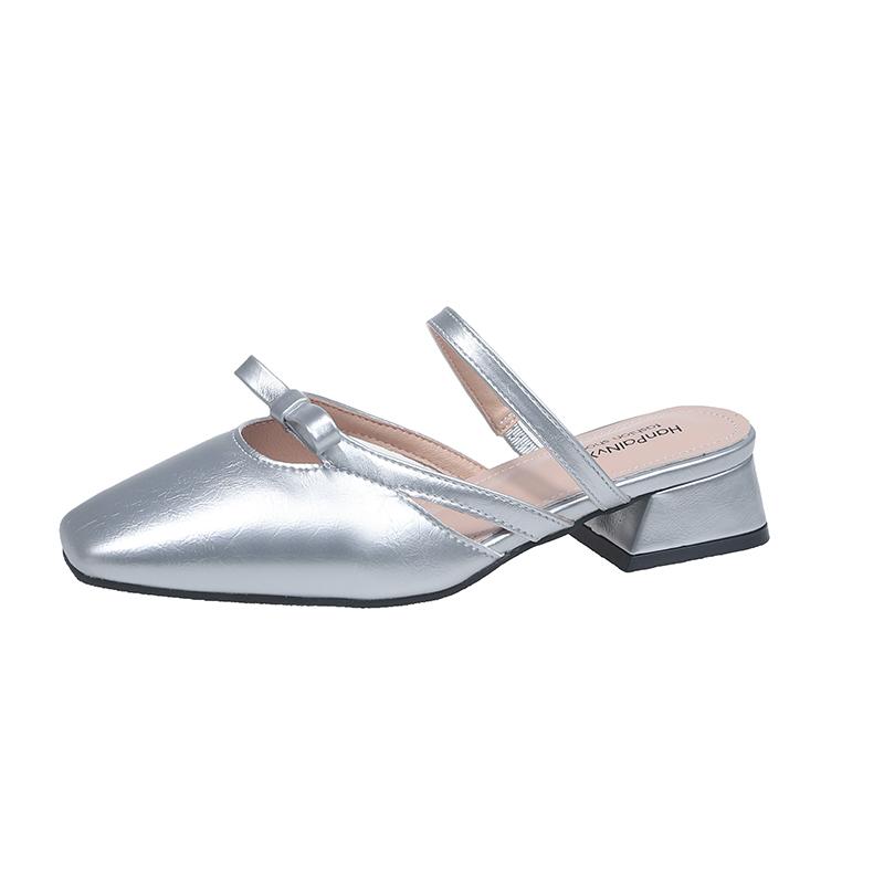 

Fashion Women s Baotou Sandals Spring New Style Square Head Shallow Mouth Butterfly Knot Soft Sole Anti-slip Wear-resistant Slippers 35 серебряный