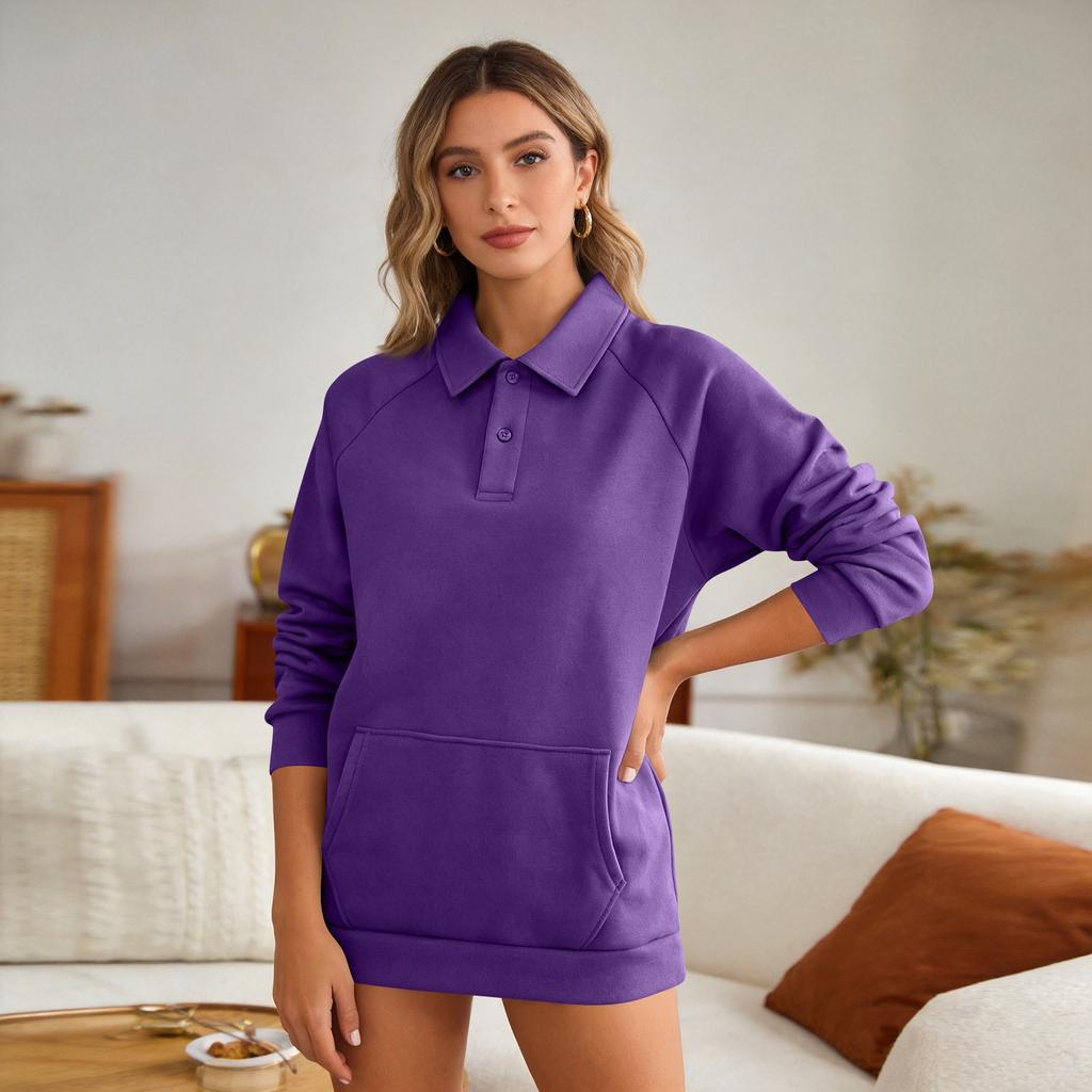 Women's Casual Button Down Long Sleeve Sweatshirt with Pockets and Lapel Collar