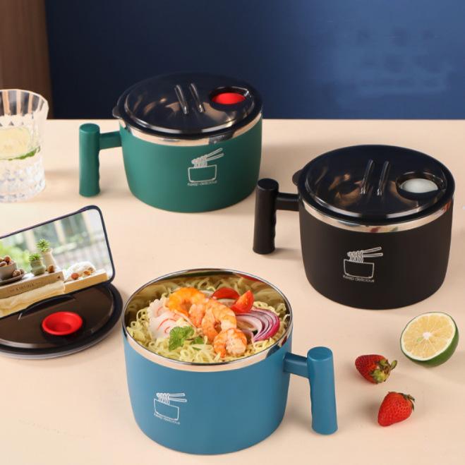 Stainless Steel Noodle Bowl with Lid, Large Drainable Soup Bowl, Easy to Wash Ramen Bowl with Drain Hole and Spoon for Dormitory