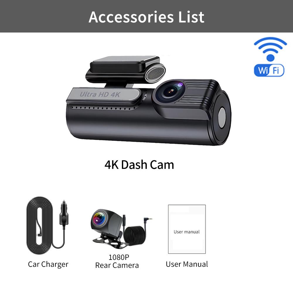 

Видеорегистратор 4K+1080P Автомобильный видеорегистратор Автоматический регистратор Управление с помощью приложения Черный ящик с WIFI GPS 24h Мониторинг парковки Автомобильные аксессуары None