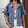 Vintage Rüschen Saum Raw Hem Jeansjacke Für Damen Revers Brusttaschen Kurzarm Einreiher Oberbekleidung Locker Retro Jean Jacke