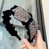 Women's Gold Velvet Pleated Sweet Style Headband Hot-Studded Large Bow Fully Rhinestone-Embellished Design High-Crown