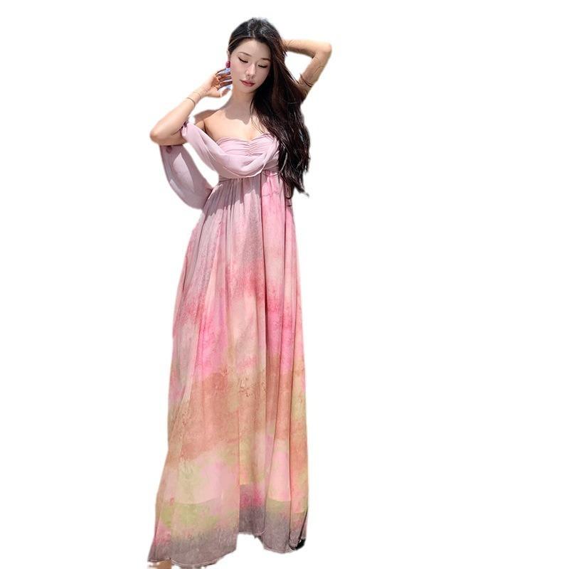 Beauty God Descends French Sense Retro Oil Painting Smudge Tube Top Dress Vacation Long Dress Temperament Fairy Dress