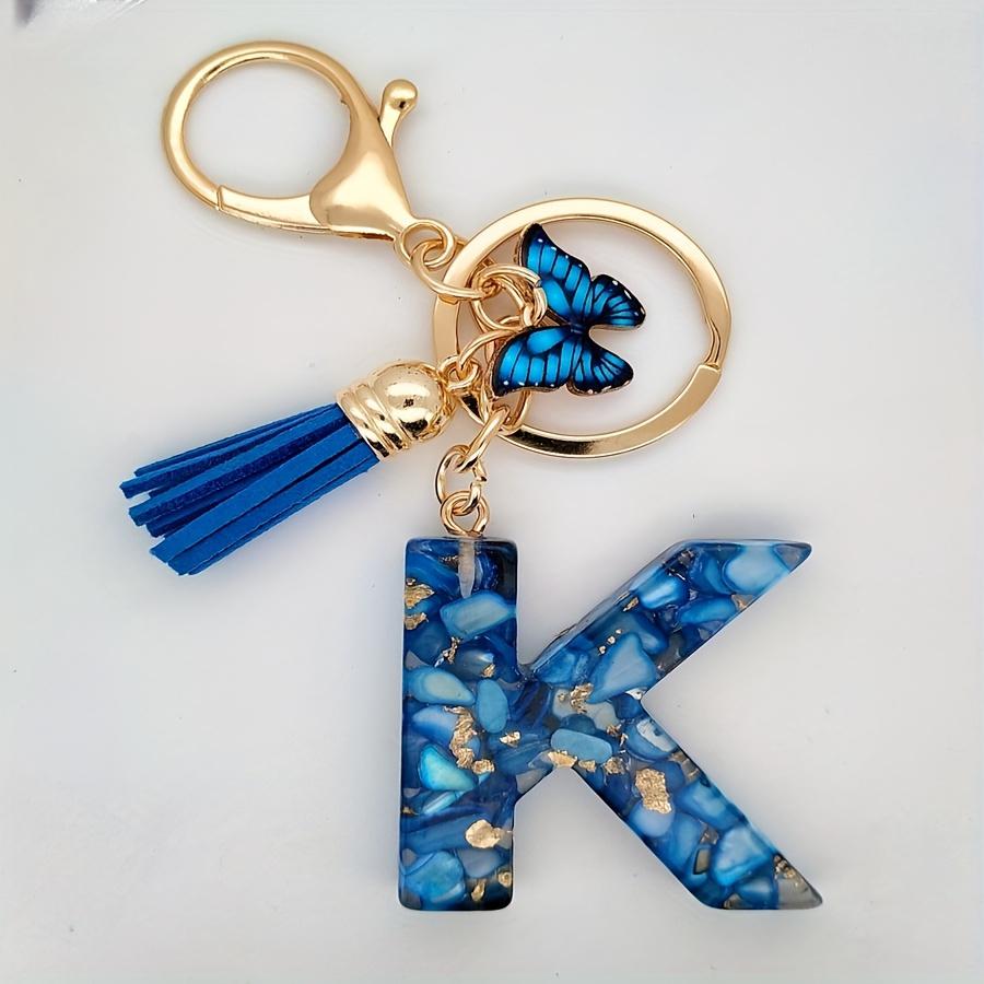 1pc Custom Blue Alphabet Letter Keychain with Butterfly Pendant Resin Ladies Key Ring with Tassel - Elegant Accessory for Bags Backpacks