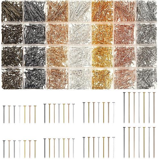 Junkin 2800 Pieces Headpins for Making Jewelry Flat Head Pins Set 0.63 Inch 0.71 Inch 0.79 Inch 1.18 Inch Jewelry Making Head Pins Mix Beading Pins