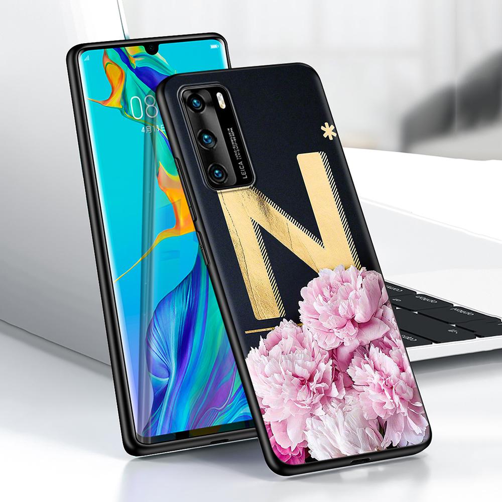 Golden Letter Flower Case for Huawei P30 P Smart Z P40 Lite E P20 Y6 Y7 Y9 2019 Honor 8X Play 9A 50 20 9X Pro Black Soft Cover
