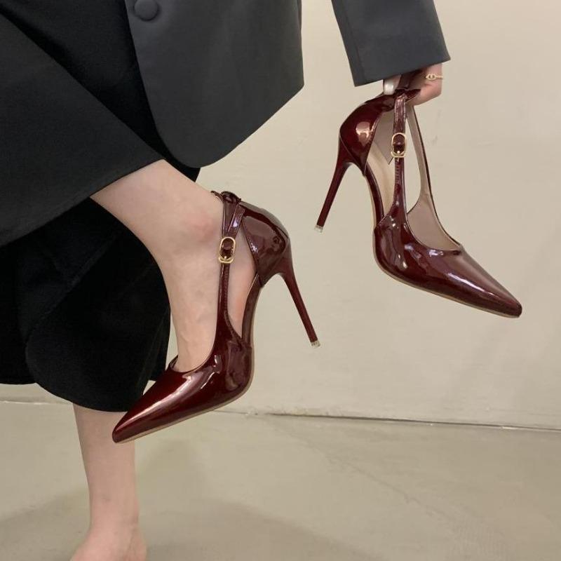 

Fashion Women Pumps Fashion Pointed Toe Patent Leather Buckle Strap Stiletto High Heels Spring Sandals Summer Office Lady Shoes Zapatos 41 бордовый