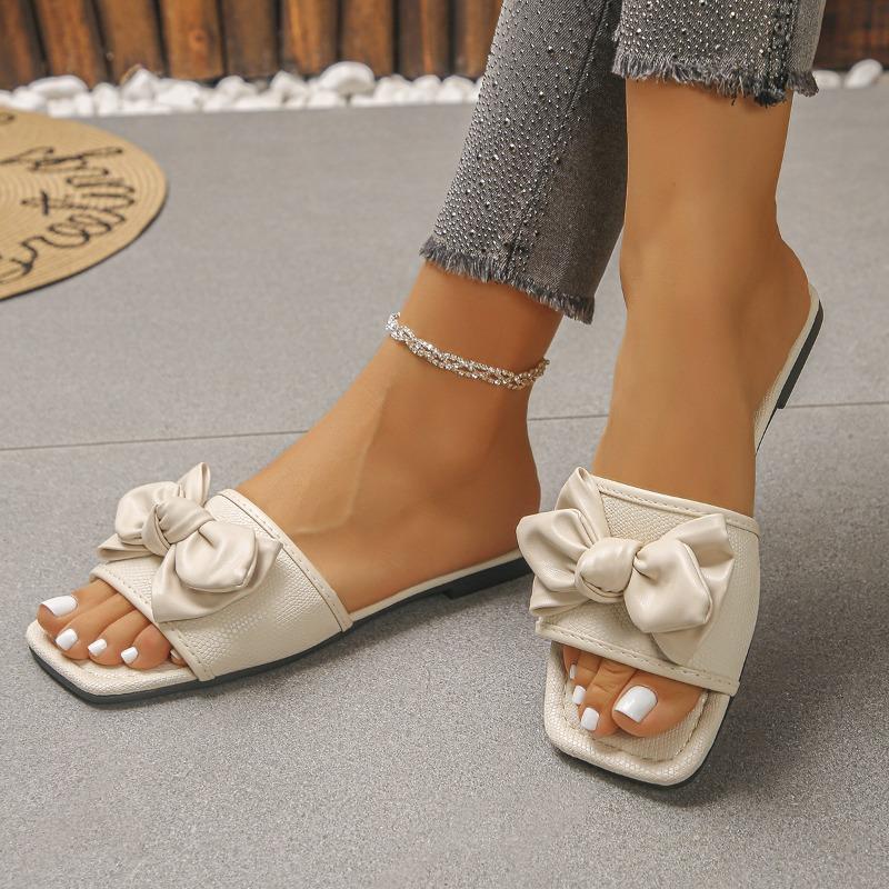 Foreign Trade Large Size Bow Flat Slipper Women Wear European and American Square Toe Comfortable Beach Shoes in Summer