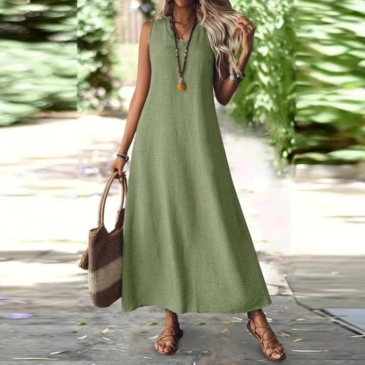 

Women s Casual V-Neck Sleeveless Long Solid Color Cotton Linen Zip Dress Holiday Fashion XXL зелёный