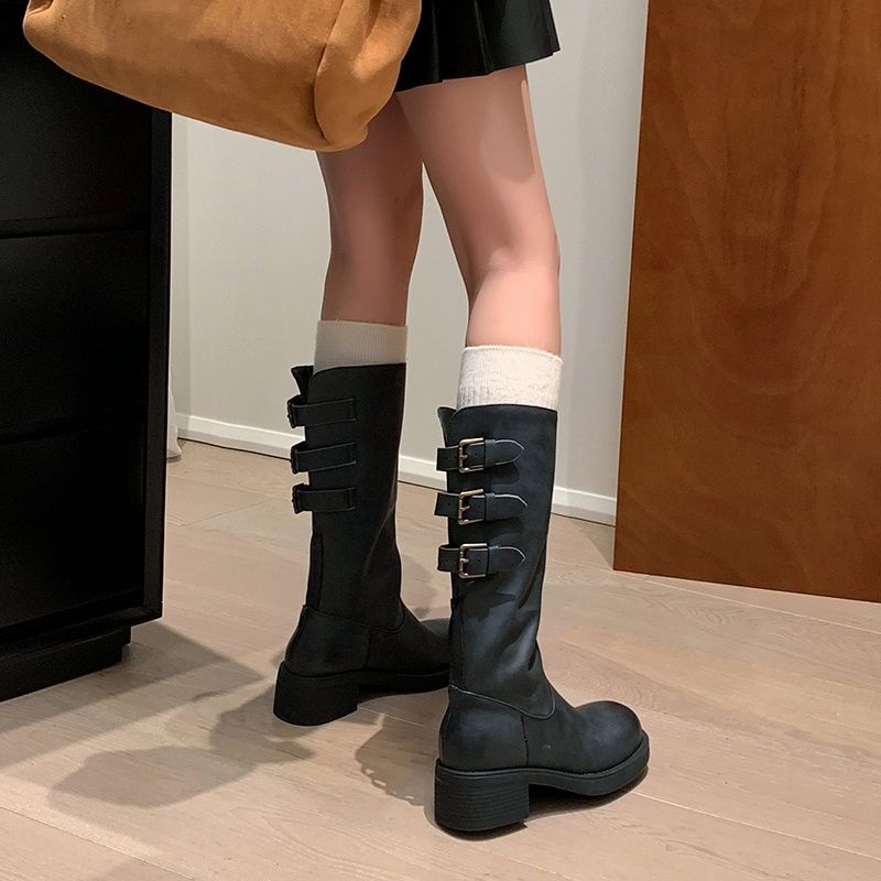 

2025 new American wasteland wind belt buckle round head thick heel knight boots women s big tube circumference thick legs thin boots 40