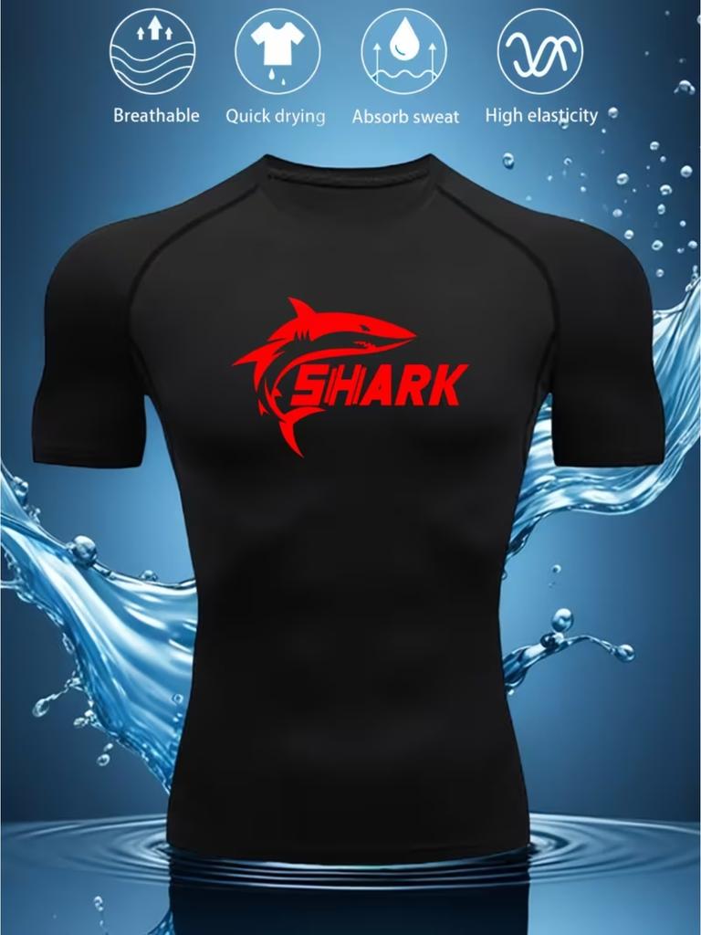 Mens White Compression Short Sleeve T-Shirt Red Shark Graphic Quick Dry High Elasticity Gym Workout And MMA Athletic Top