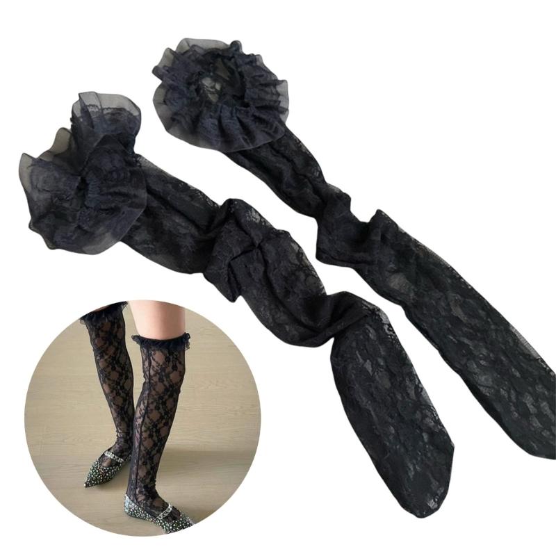 Womens Japanese Sheer Flower Lace Fishnet Thigh High Stockings Sweet Layered Ruffle Trim Frilly Over Knee Long Socks