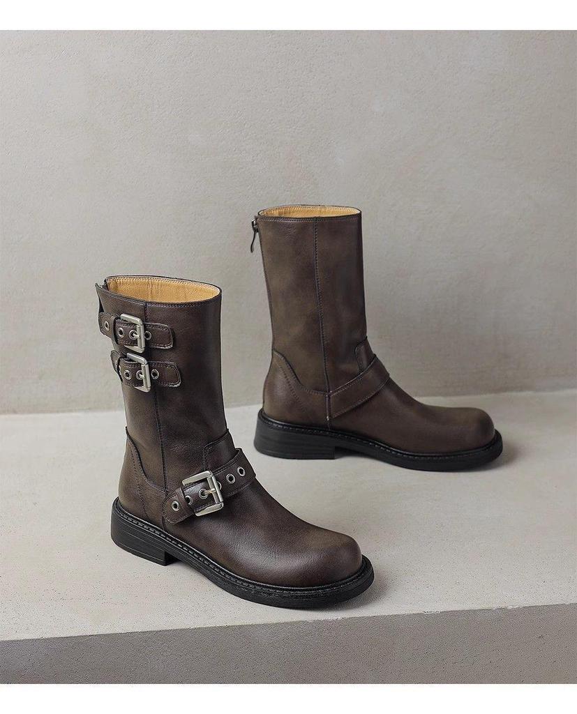 Women's Retro Martin Boots, Round Toe, Autumn/Winter, Metal Accent, Ankle-Length, Cowboy Style, Thick Sole.