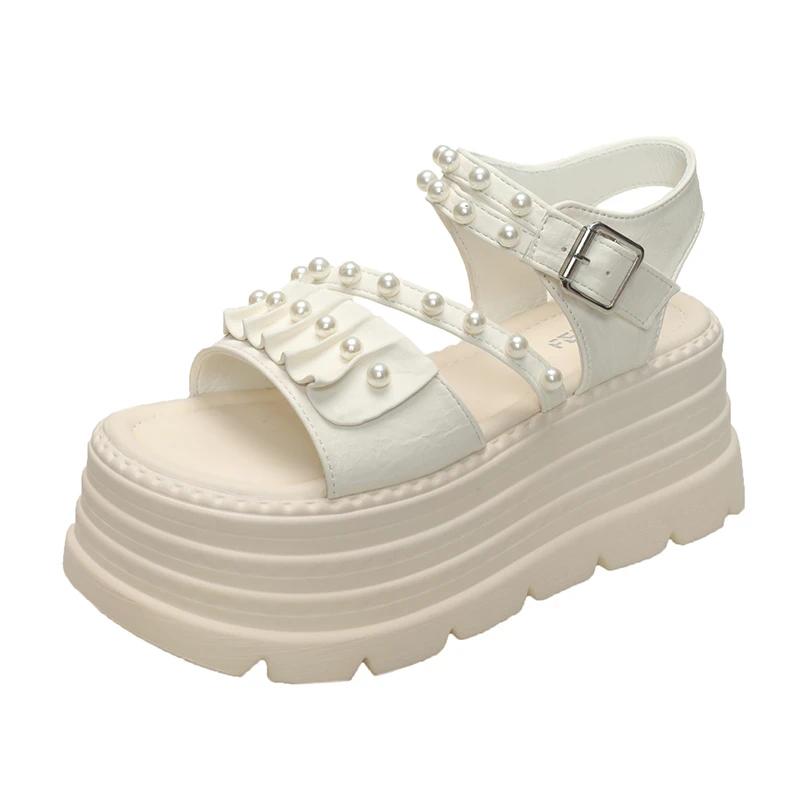 

8CM New Leather Women s Sandals Comfort 2025 Summer Beach Shoes Heels High Platform Slippers Woman Pink Open Toe Buckle Pumps 34 бежевый