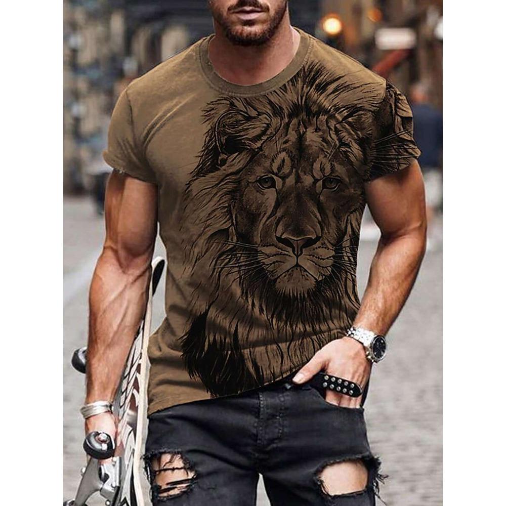 Nowy Letni Outdoorowy Casualowy Męski T-shirt Codzienny Uliczny Męski Top z Krótkim Rękawem Nadruk Lwa Męski T-shirt Sportowy Modny T-shirt