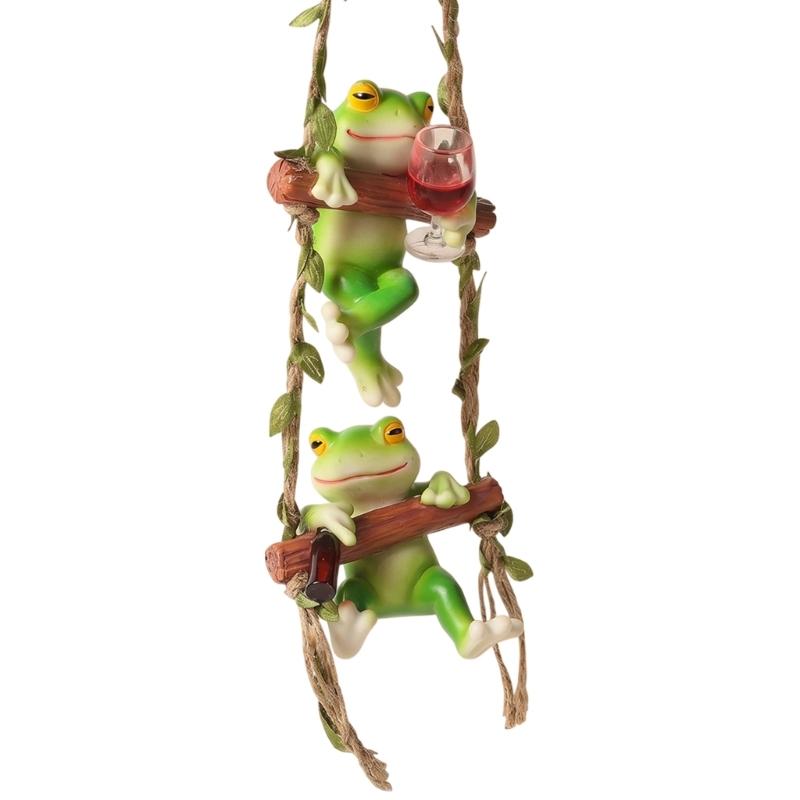 Cute Frogs Climbing Ladder With Wine Cup Wall Hanging Decors Resin Sculpture For Home Bookshelves And Garden Decoration