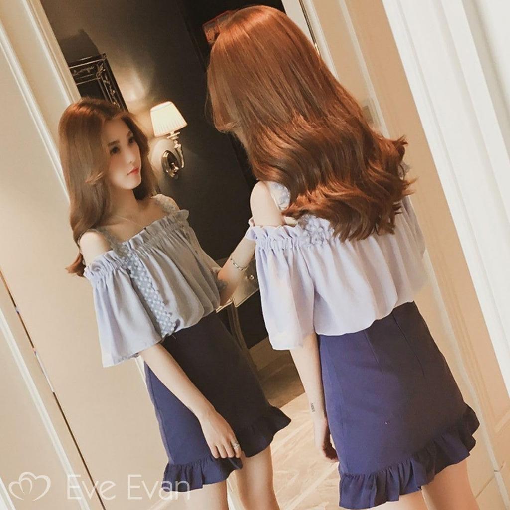 Eve Evan Blouse with Flared and This Pullover Is Slimming and Made of Available In Light Blue Off-the-Shoulder Sleeves, Chiffon, Ruffles, Ribbon,