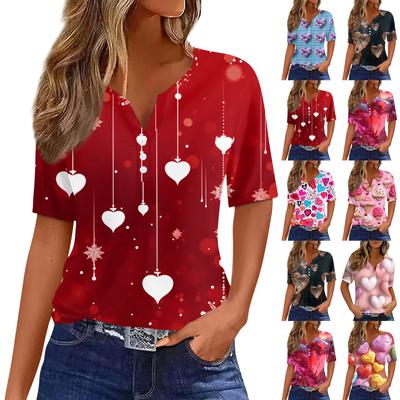 Dames T-shirt Tee Print Knoop Korte Mouw Dagelijks Weekend Mode Basic V-hals Normaal Top Valentijnsdag