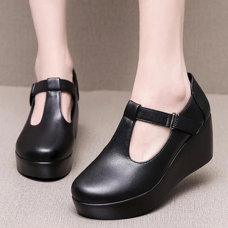 6cm Small Size 32-43 Vintage All Match Comfortable Shallow Soft Leather Mary Janes 2025 Fall Med Heels Platform Wedges Shoes Mom
