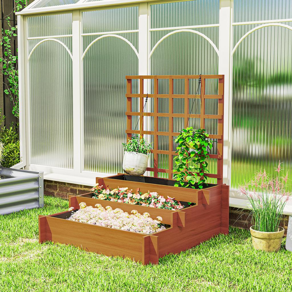 3 Tier Garden Planters with Trellis for Vine Climbing, Wooden Raised Beds, 95x95x110cm, Brown
