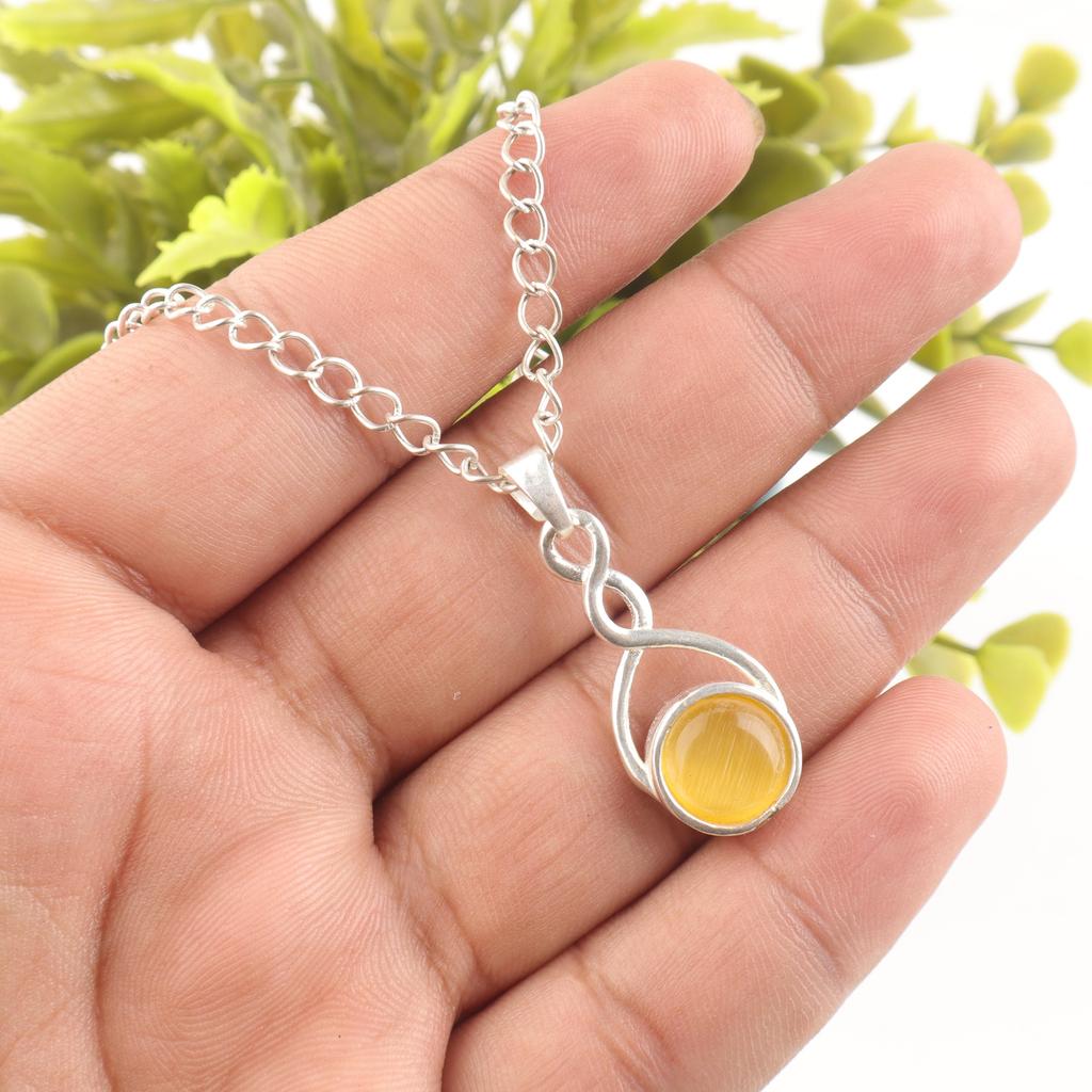 Yellow Cat's Eye 925 Sterling Silver Pendant, Handmade Gorgeous Silver Jewelry, Beautiful Cat's Eye Gemstone Jewelry For Gift