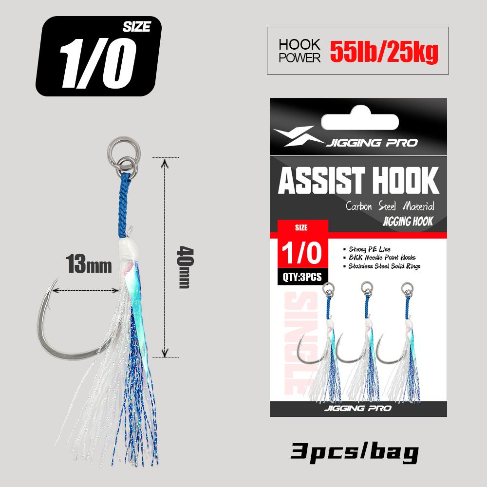 Jigging Pro Fishhook 1/0 2/0 3/0 4/0 Sea Single Assist Jigging Hook for Metal Jig Stainless Wire Line Saltwater Fishing Hooks (Blue,1/0)