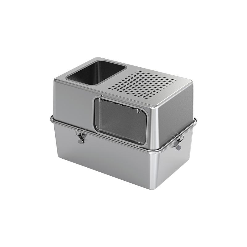 Stainless Steel Cat Litter Box Fully Enclosed Anti-Splash Cats Toilet Metal Kitty Washroom Rustproof High Sided Cat Bedpans