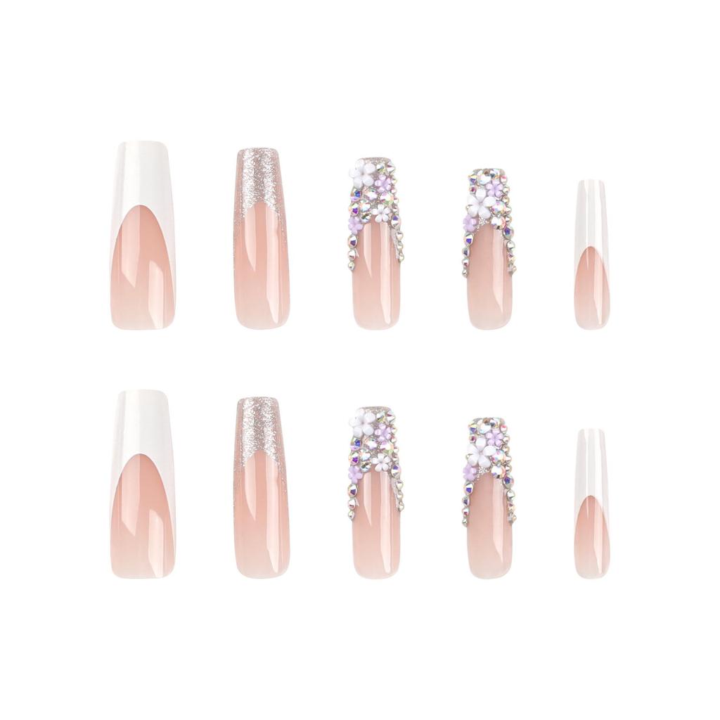 French White Edge Ultra-Long Nails with Rhinestones - European & American Style Manicure Tips