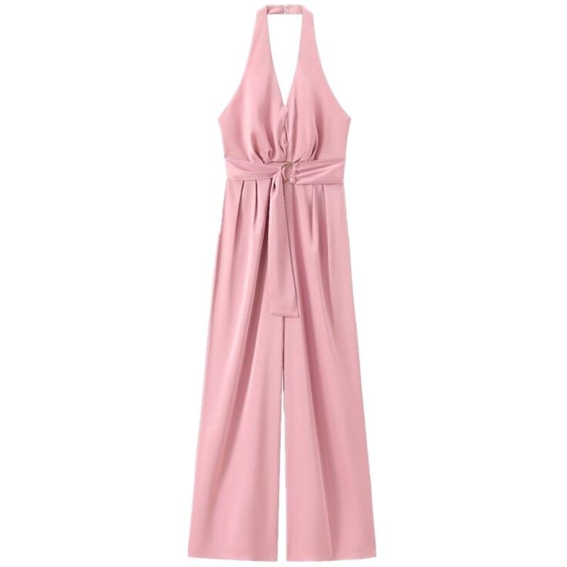 

Fashion Style 2024 Summer New Arrival Women s Stylish Hanging Collar Satin Effect Shoelace Jumpsuit 8377399 Pink L