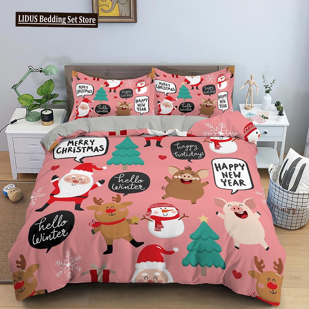Red Christmas King Queen Duvet Cover Cartoon Santa Claus Bedding Set For Kid Boy Girl Happy Holiday 2/3pcs Polyester Quilt Cover