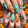 Halloween Press on Nails Medium Fake Nails Almond Shape Halloween False Nail Tips with Pumpkin Star Moon Designs Cute Stick on Nails Glossy Halloween