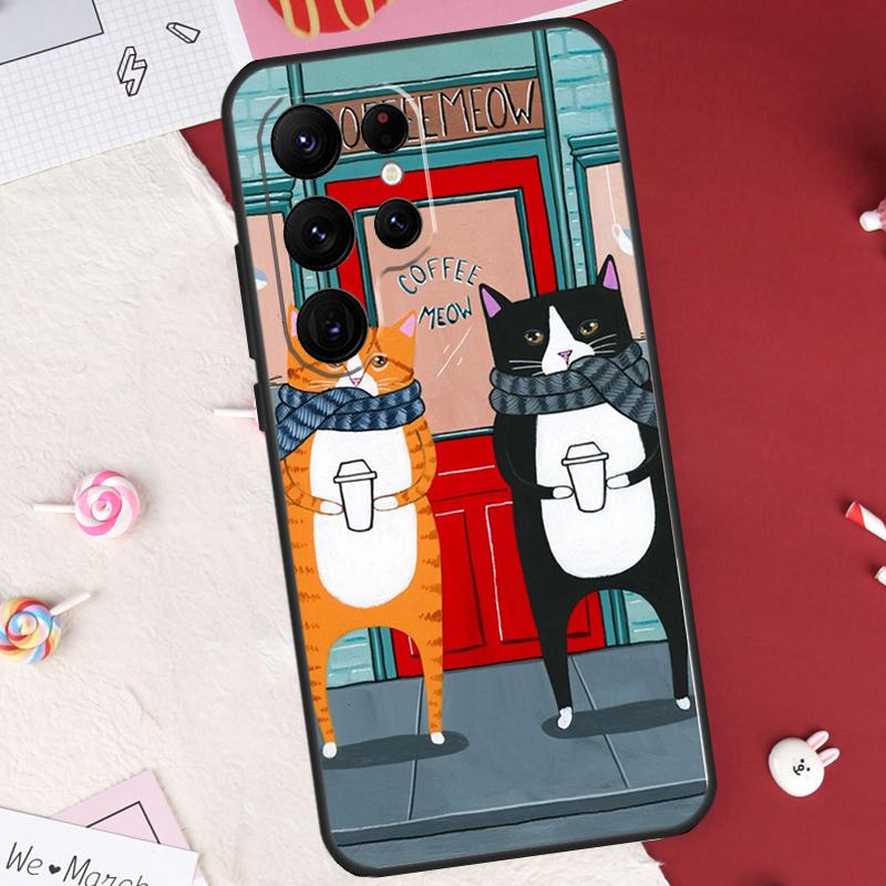 Cute Coffee Milk Cat Case For Samsung Galaxy S25 FE S23 FE S20 S21 S22 S24 S25 S26 Ultra S10 S25 Plus Cover Shell