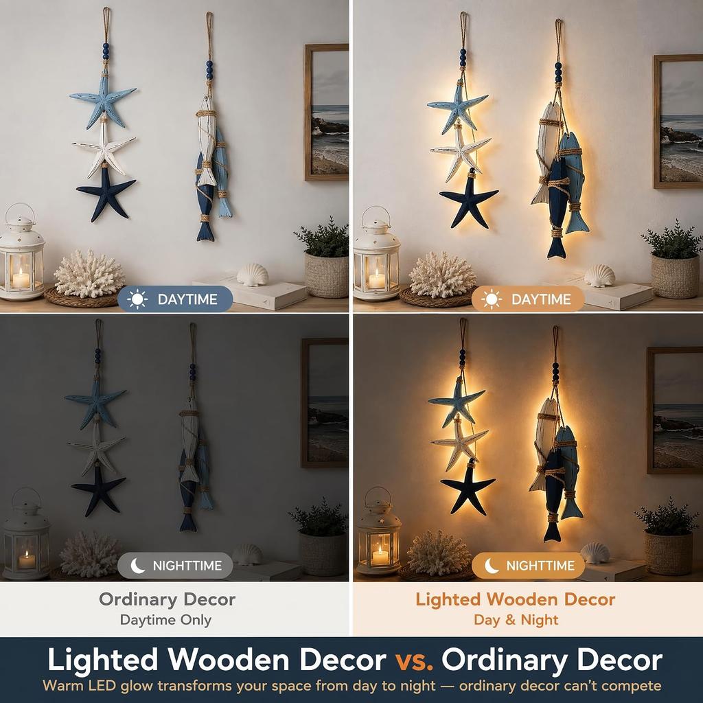 Warm LED Type A with lights wooden hanging wall decoration decorated with starfish and fish shape Ocean nautical theme suitable for bathrooms