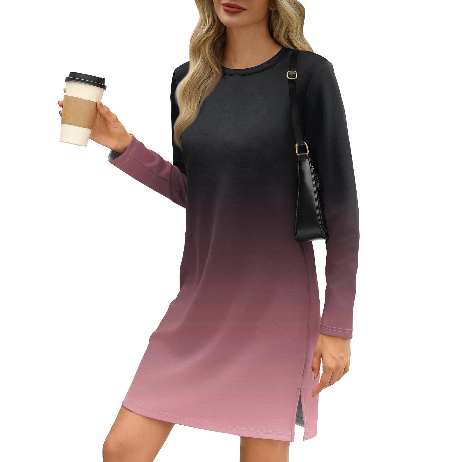 Женское модное повседневное платье с круглым вырезом и длинными рукавами и разрезом — фото 6