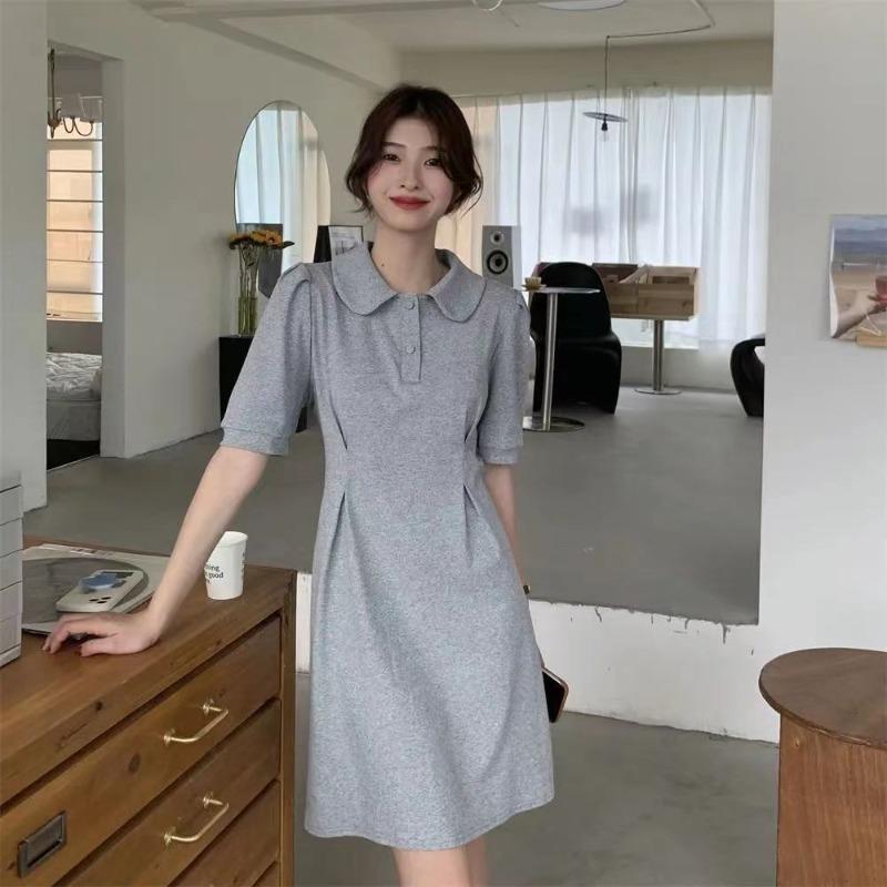 

Платье с короткими рукавами и воротником-поло для женщин в корейском стиле в гонконгском стиле с высокой талией, утягивающее, средней длины, повседневные платья L светло-серый