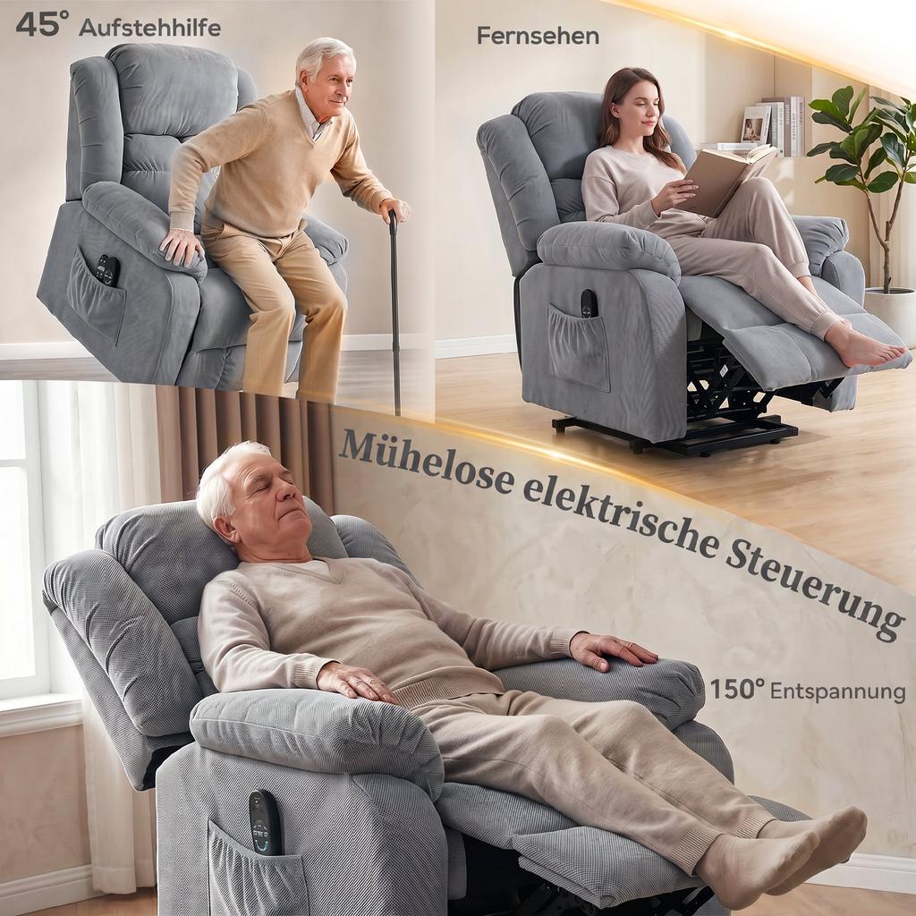 Stand Up Chair With Massage Function And Lumbar Heating Recliner Chair With Remote Controls And Side Pockets Light Gray