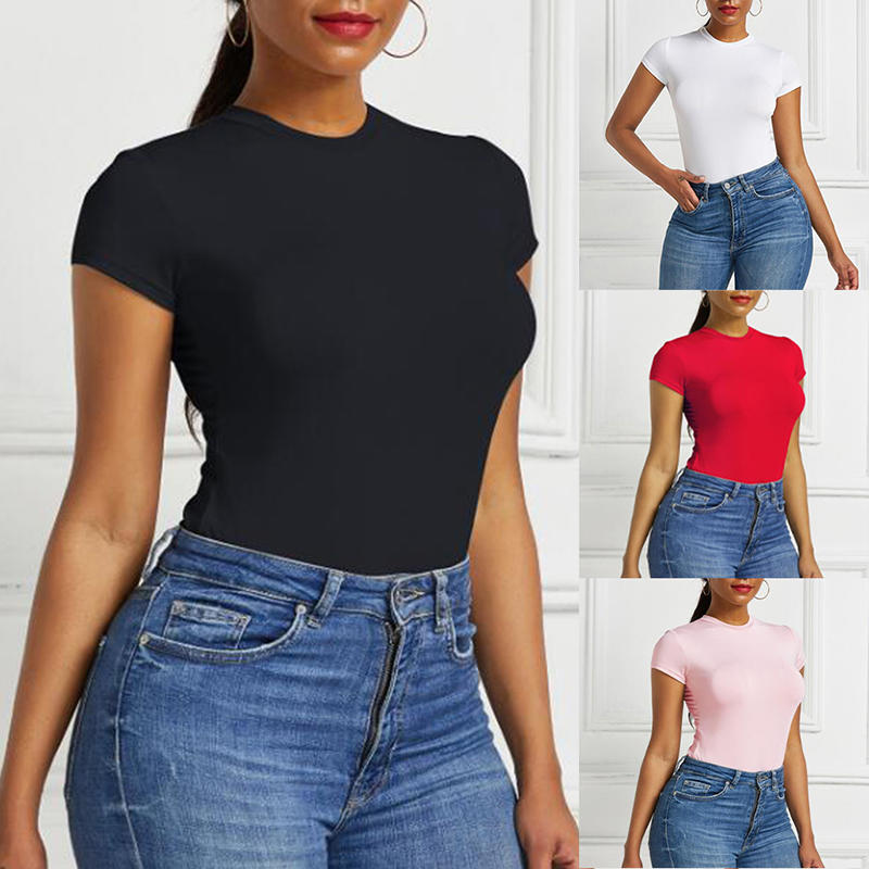 Women’s Short Sleeve O Neck Bodysuit Tight Fitting Solid Color Sexy Open Design Casual Outfit Matching Skinny One-Piece Body Top