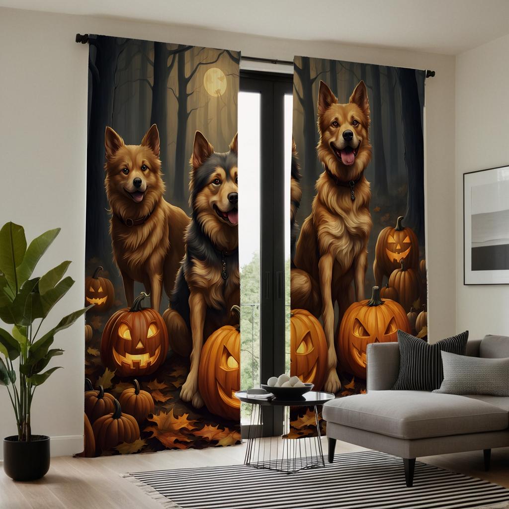 2-piece HD Moonlit Halloween jack-o '-lantern Wolf dog curtain Black tie digital printed curtain Home Decoration style Decoratio