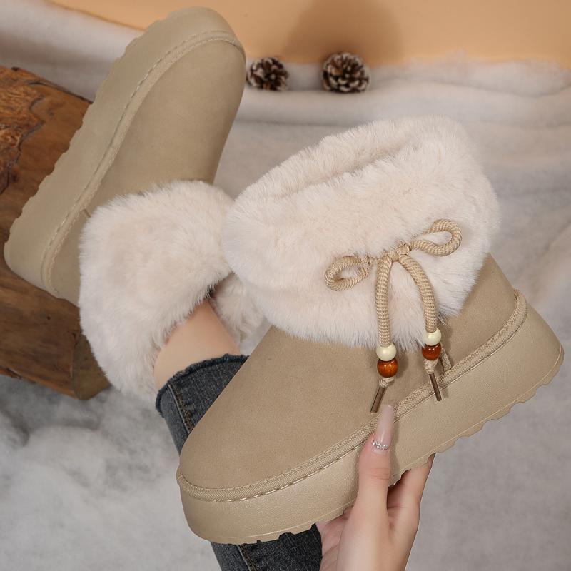 Sweet Beaded Bowknot Decoration Furry Snow Boots Women 2025 Winter Soft Thick Bottom Non Slip Fur Booties Warm Short Plush Boots