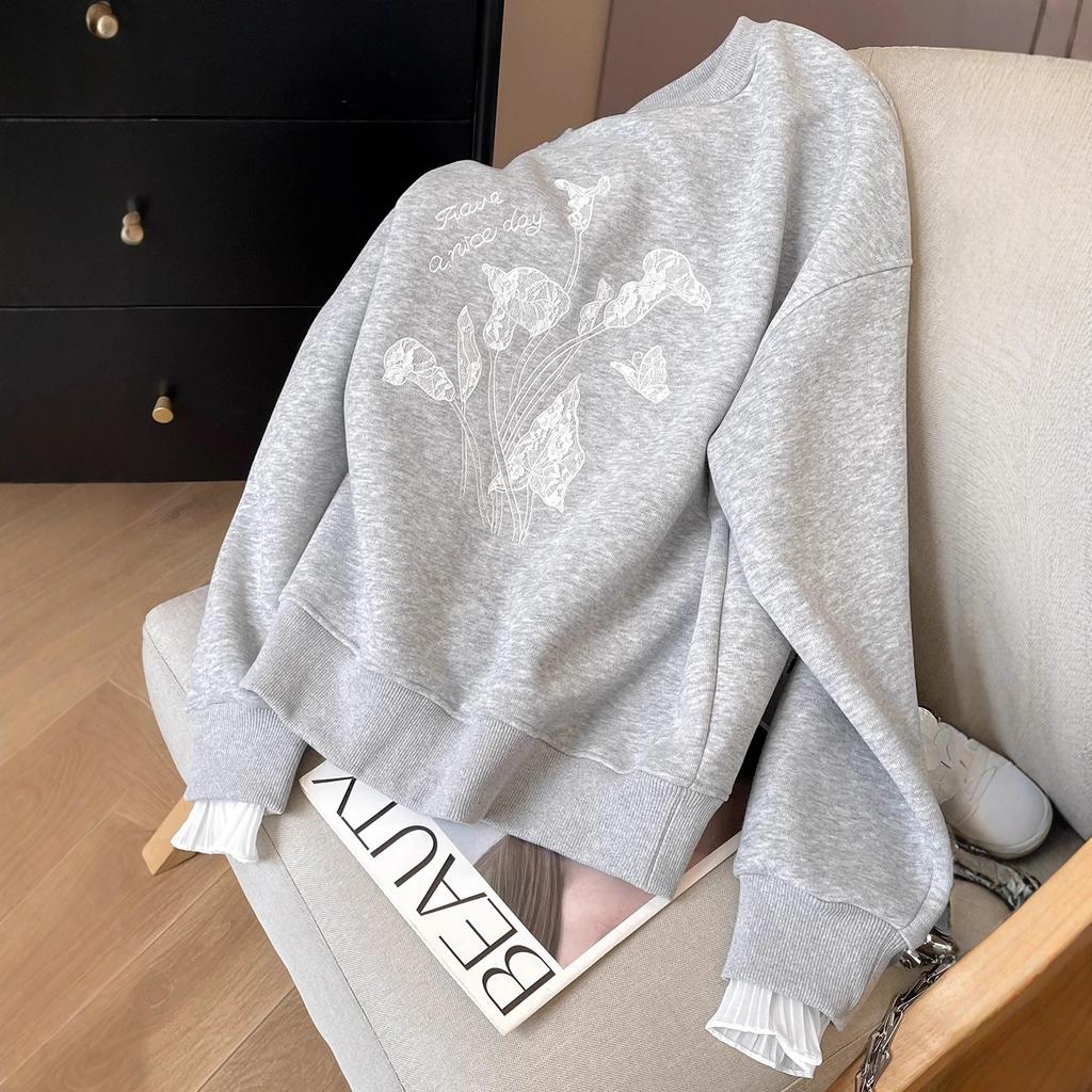 Übergroßer Frühling und Herbst Bestickter Lockerer Lässiger Kapuzenpullover Damen Spitze Modischer Patchwork Top
