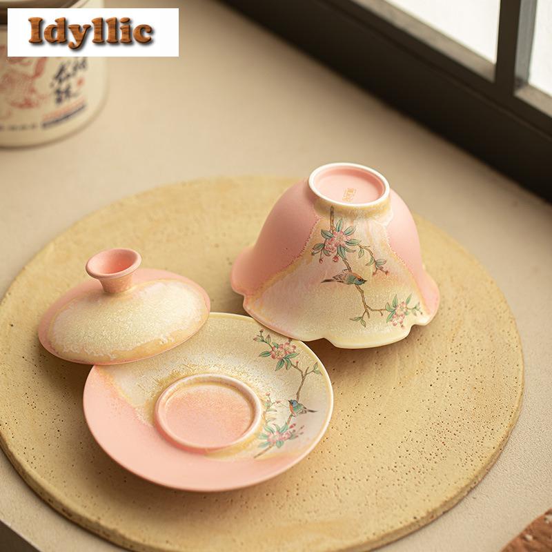 150ml Crystal Glaze Flower And Bird Gaiwan Creative Tea Tureen Tea Bowl With Lid Kit Tea Brewing Cover Bowl For Tea Decoration