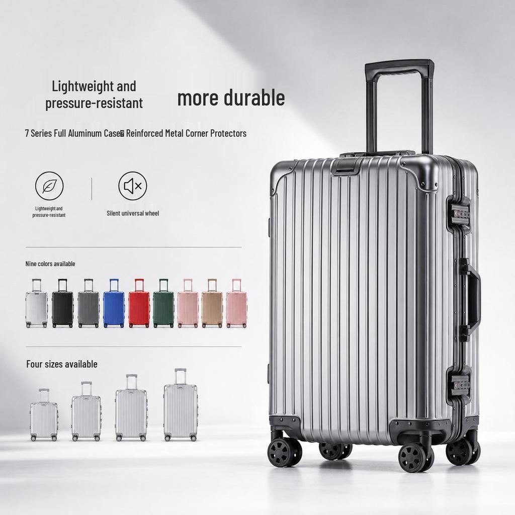 Aluminum-Magnesium Alloy Trolley Case with Universal Wheels, 24" Carry-On for Student Travel & Men's Business, with Combination Lock.