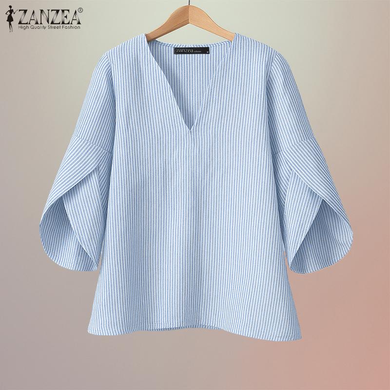 ZANZEA Women Casual V-Neck 3/4 Sleeve Loose Stripe Blouse