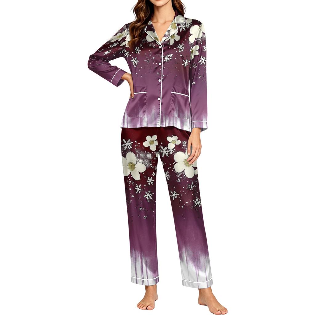 Women's Snowflake Print Long Sleeve Pajamas Sleepwear