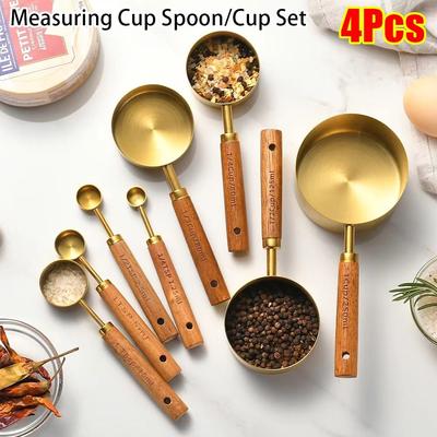 4Pcs Stainless Steel Measuring Cup Spoon Gold Silver Black Coffee Measuring Spoon Wooden Handle 1.25-250ml Baking Tool
