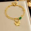 Gold Plated Stainless Steel Double Layer Butterfly Charm Bracelet with Green Beads for Women