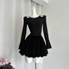 Autumn New Knitted Dress Women's Shoulder Long-sleeved Small Black Dress