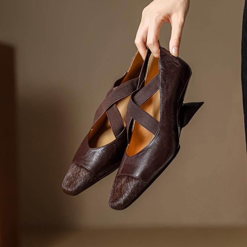 New Spring Summer Genuine Leather Women Shoes Square Toe Shallow Women Pumps Mary Jane Shoes for Women Horsehair Ladies Shoes