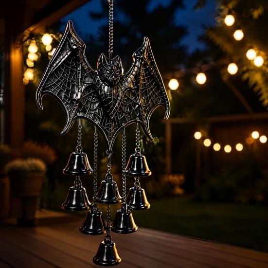 Dark Aesthetic Balcony Decorations Gothic Bat Metal Wind Chime, Halloween Hanging Ornament with Multiple Bells, 3D Unique Gift Ideas Embossed